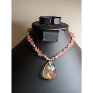 Pink Chip Glass Faceted Teardrop Pendant Silver Tone Toggle Clasp 15" Necklace